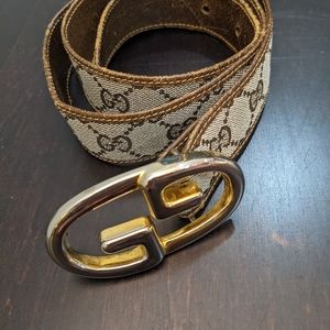 Vintage Gucci Belt Buckle Two Tone Gold/Chrome and leather/canvas belt
